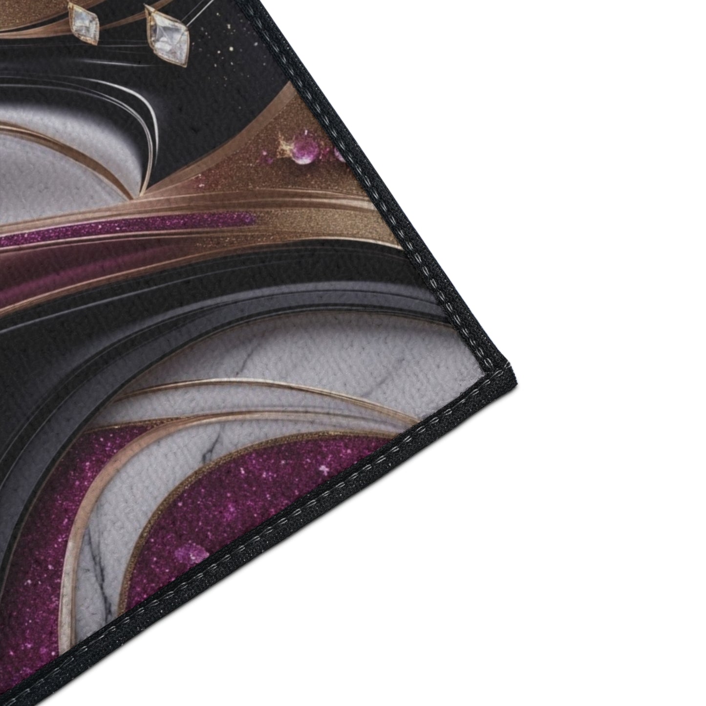 Abstract Metallic Swirl Floor Mat | Pink Gold Black Gemstone Accents