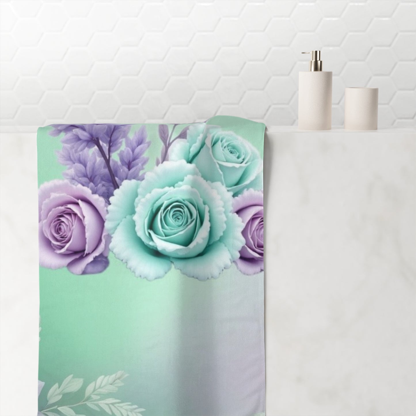 Mint and Lavender Rose Floral Beach Towel | Pastel Flower Bath Towel