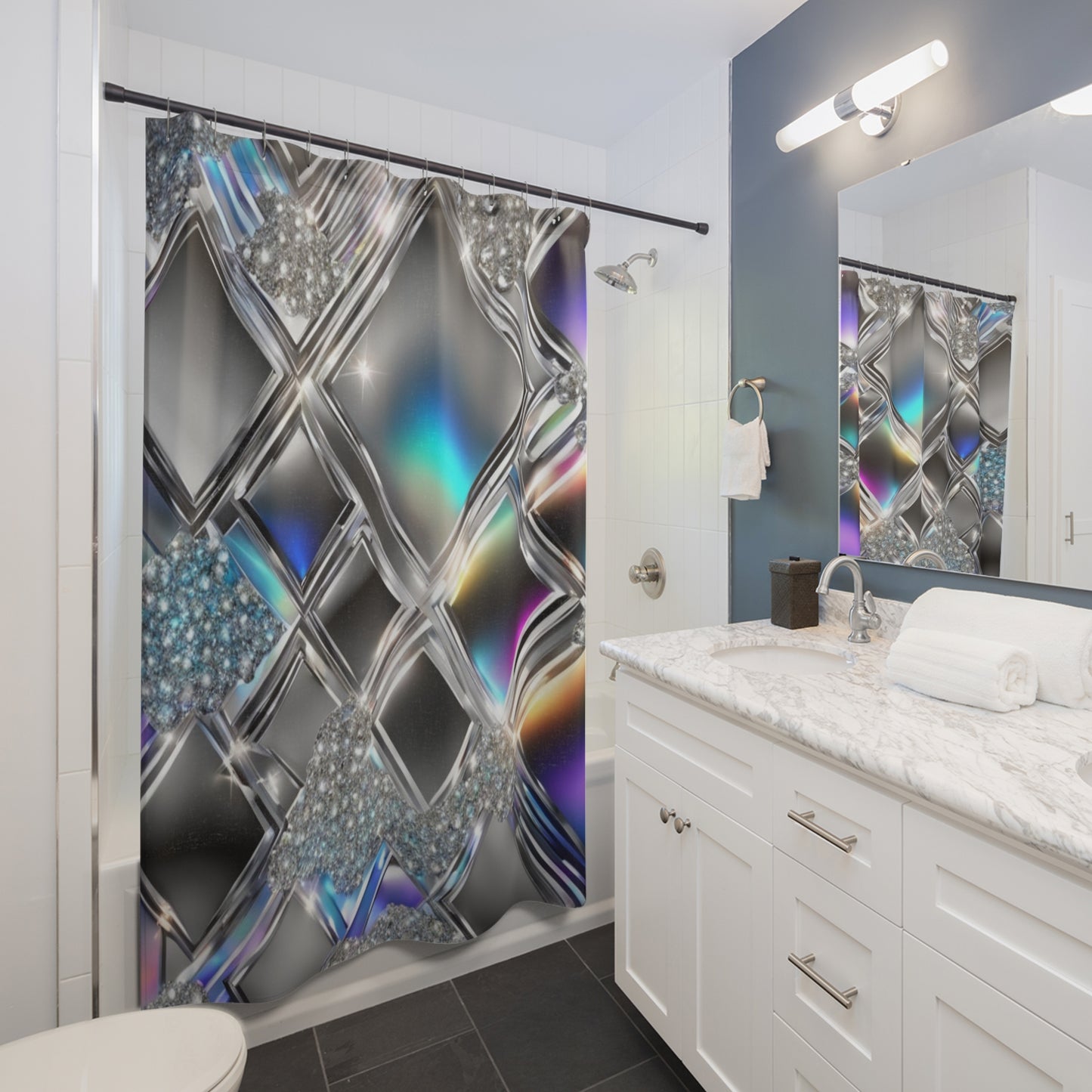 Iridescent Geometric Diamond Shower Curtain | Metallic Prism Bathroom Décor