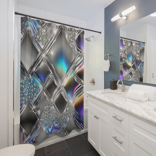 Iridescent Geometric Diamond Shower Curtain | Metallic Prism Bathroom Décor