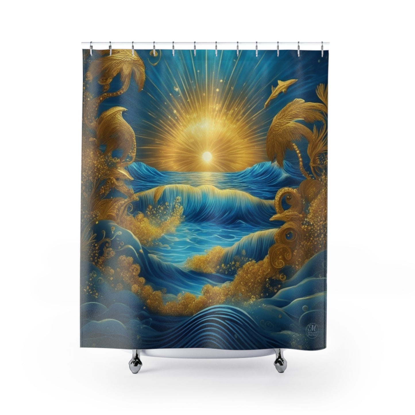 Golden Sunburst Ocean Whimsical Scene Shower Curtain | Nautical Waves, Dolphins