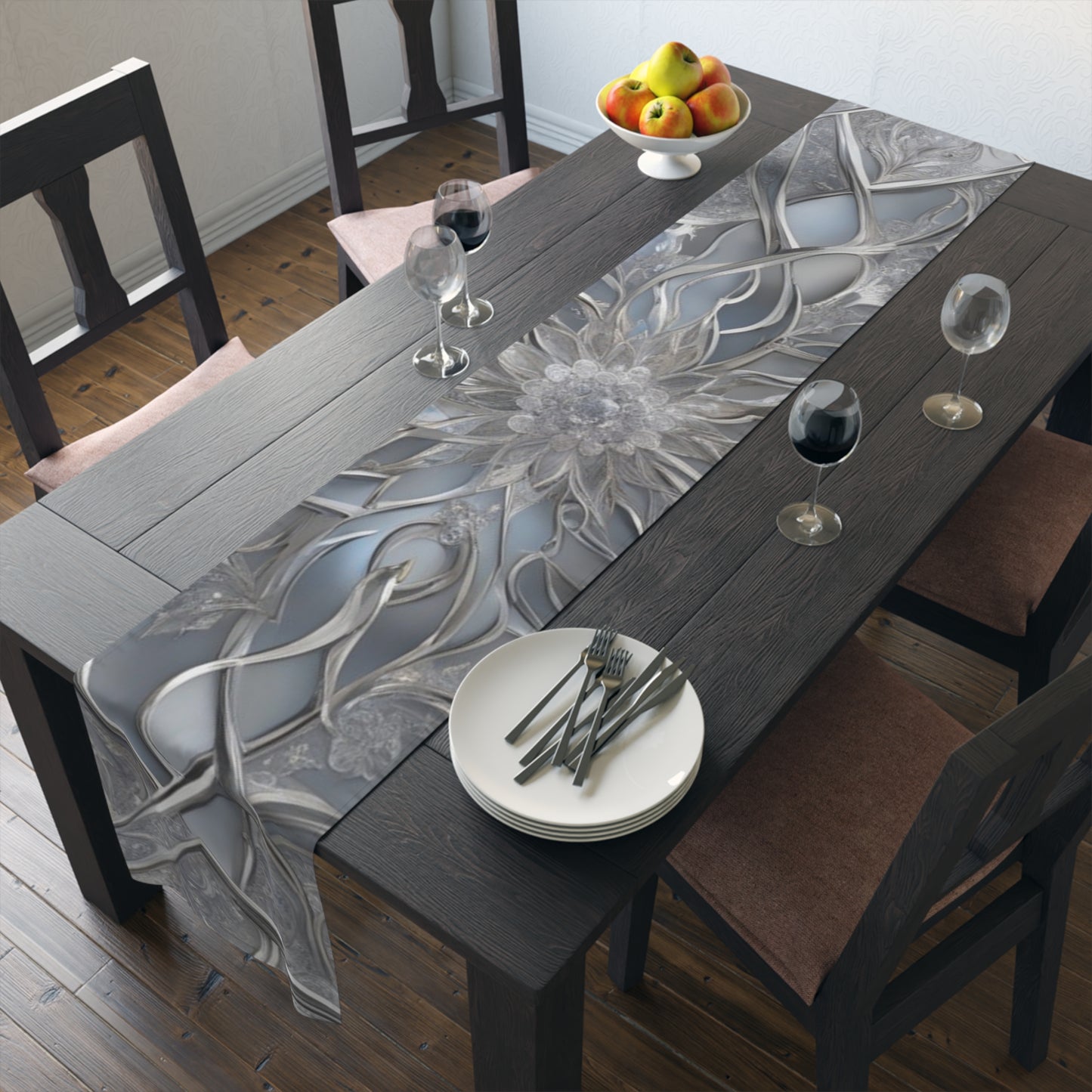 Silver Filigree Floral Table Runner | Gray Metallic Mandala Table Runner
