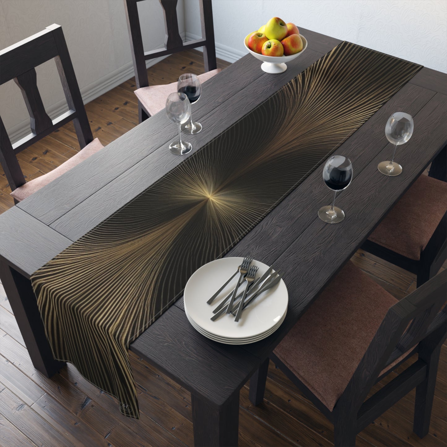 Golden Wave Lines Table Runner | Abstract Metallic Stripe Dining Decor