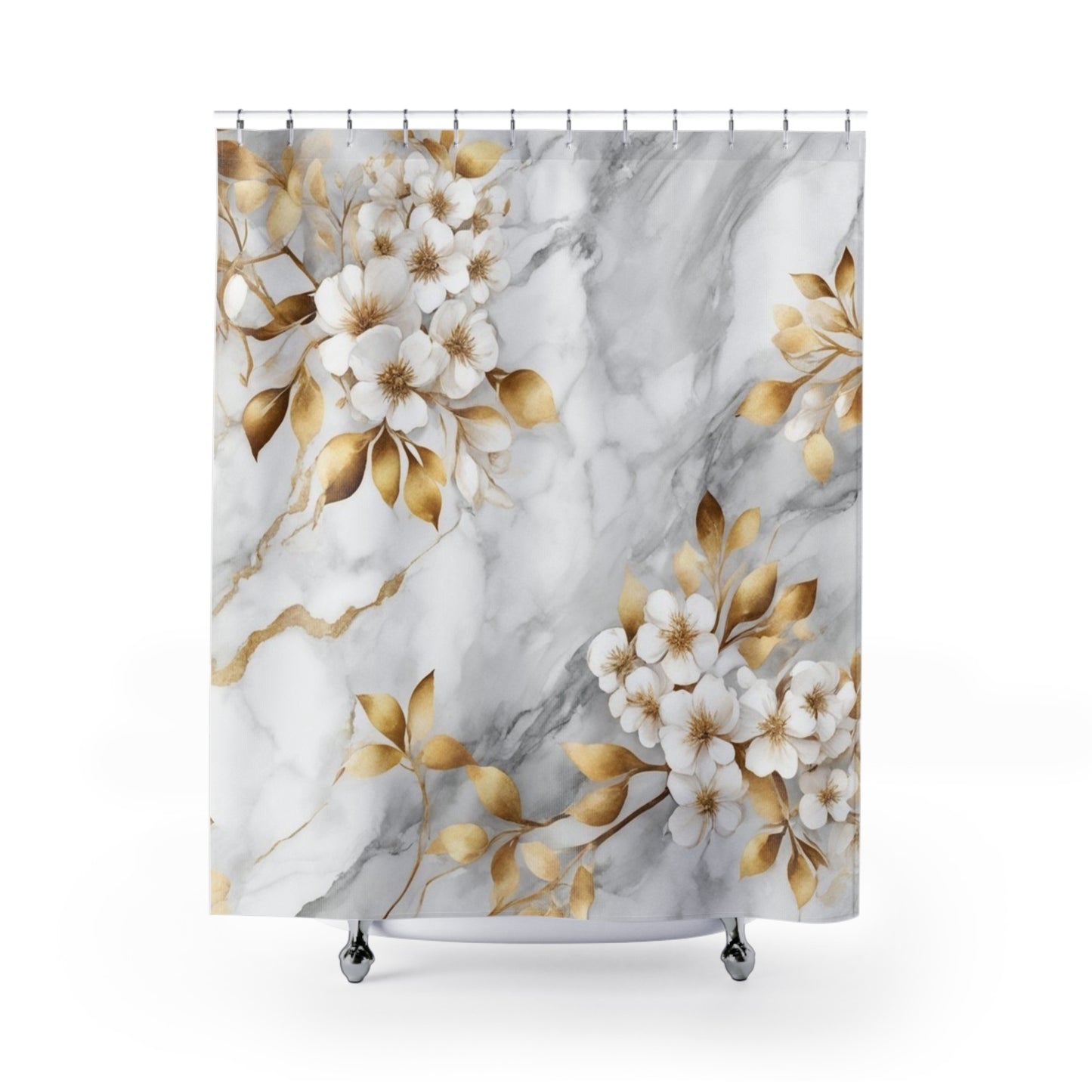 Marble Floral Shower Curtain — Gold Blossom Bathroom Curtain