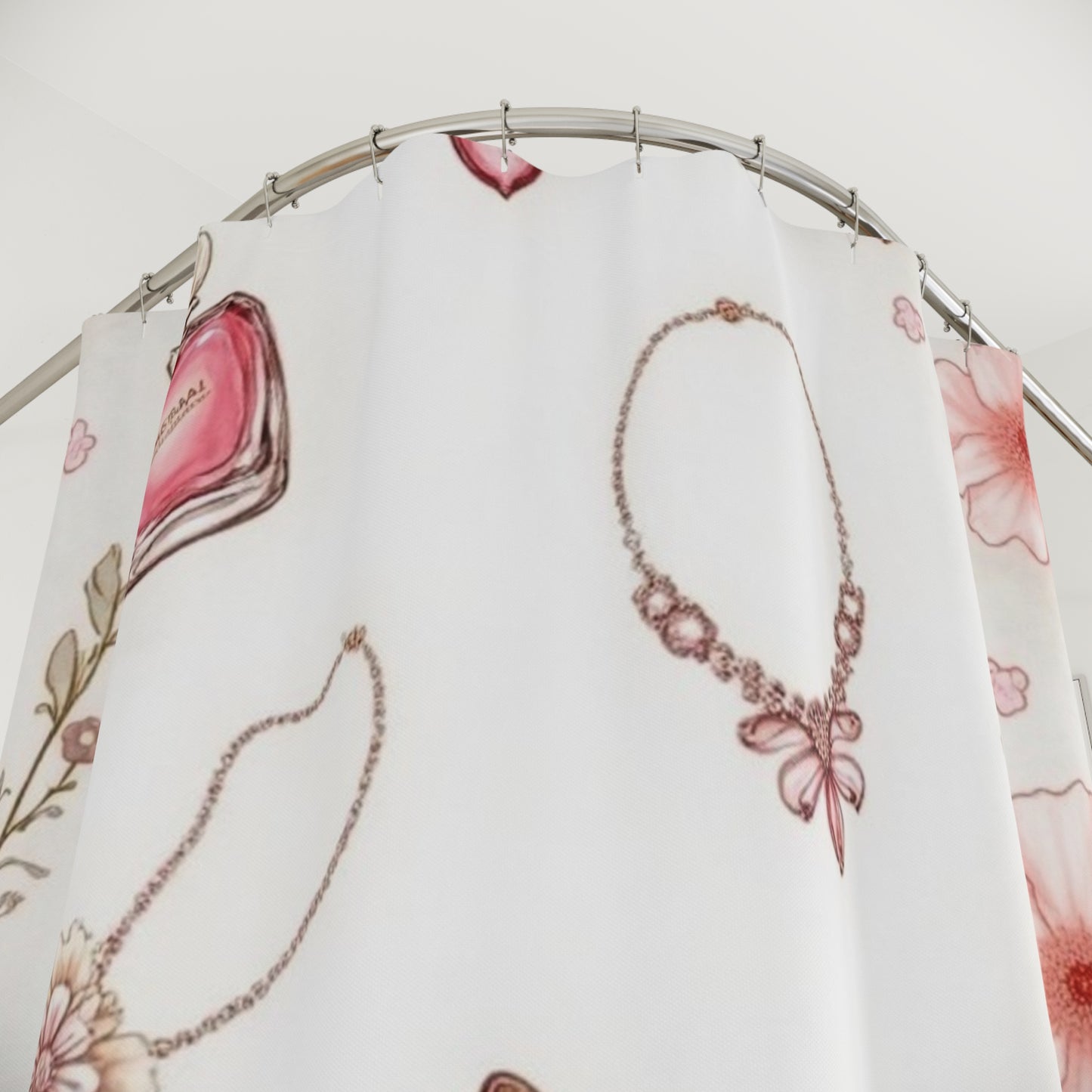 Red High Heel & Perfume Pattern Shower Curtain | Floral Jewelry Bathroom Decor