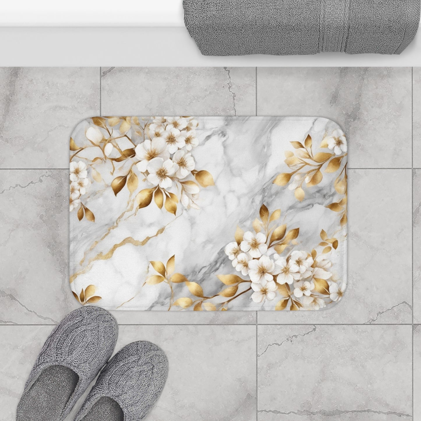 Elegant Gold Floral Marble Bath Mat