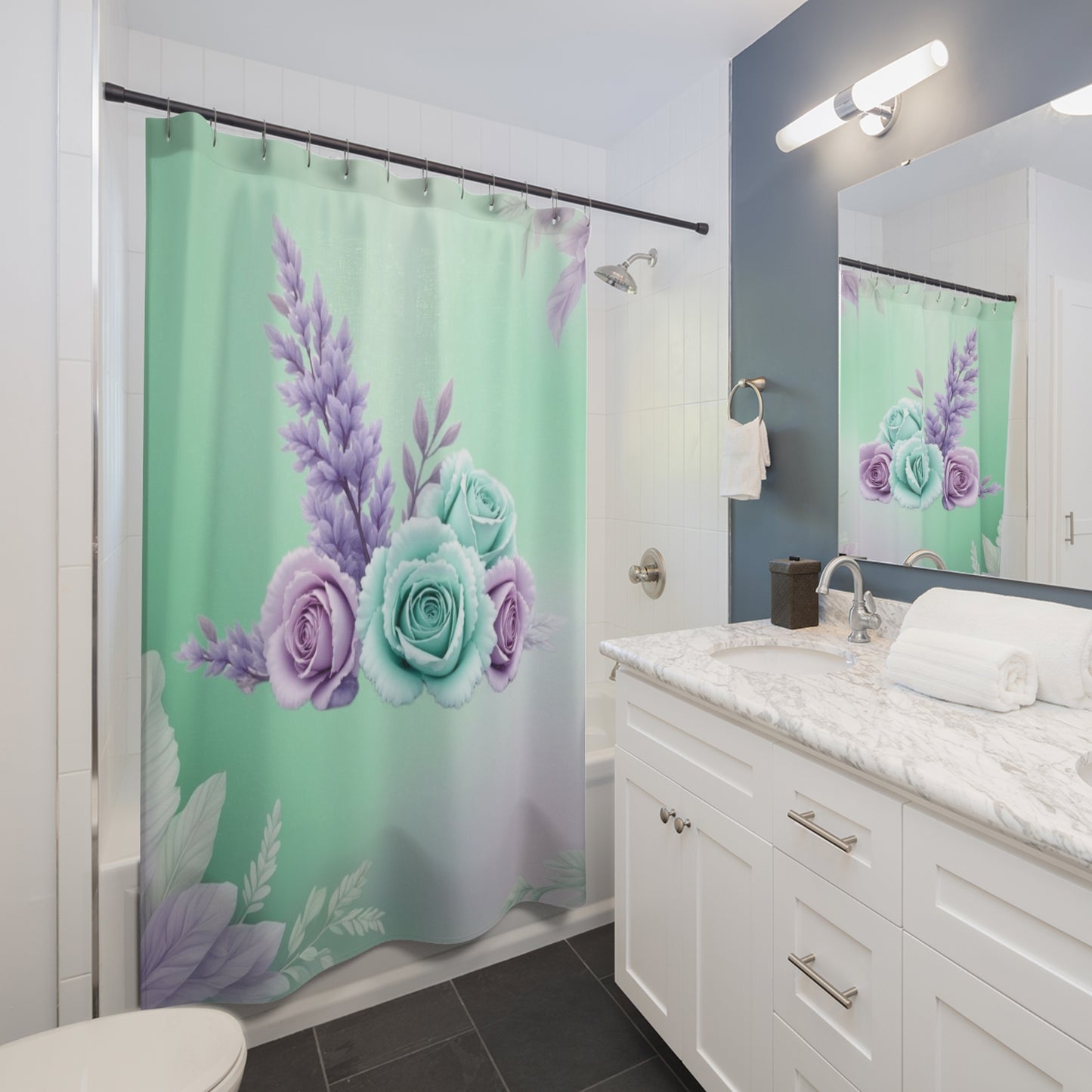Mint and Lavender Floral Shower Curtain | Rose Bouquet Bathroom Decor