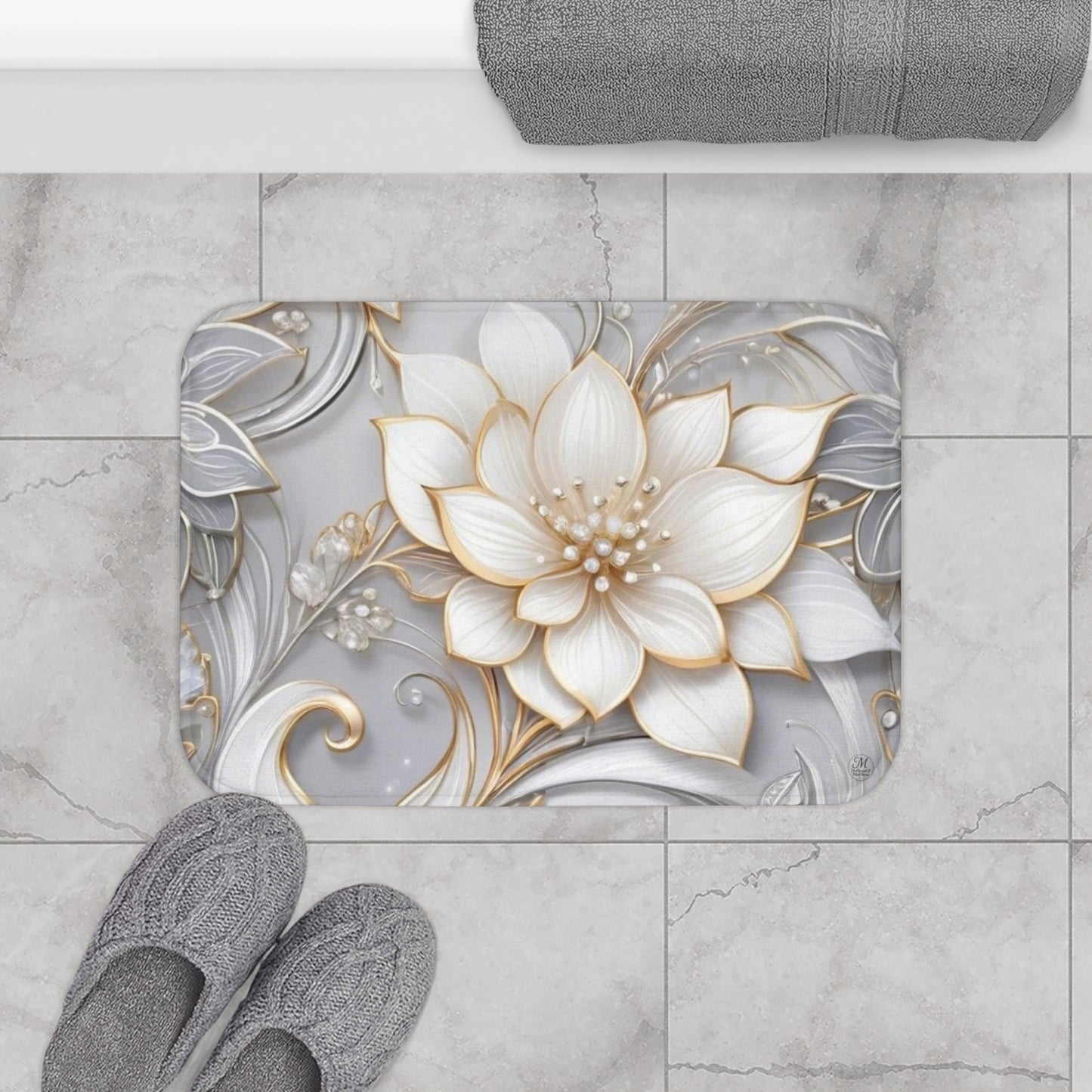 Gold & Ivory Floral Bath Mat | Elegant 3D Flower Scroll Design