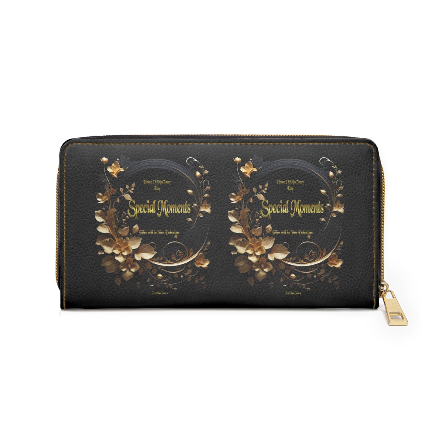 Gold Floral Special Moments Zipper Wallet | Black Leather Look, Elegant Floral Design