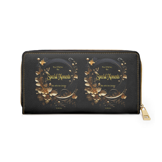 Gold Floral Special Moments Zipper Wallet | Black Leather Look, Elegant Floral Design