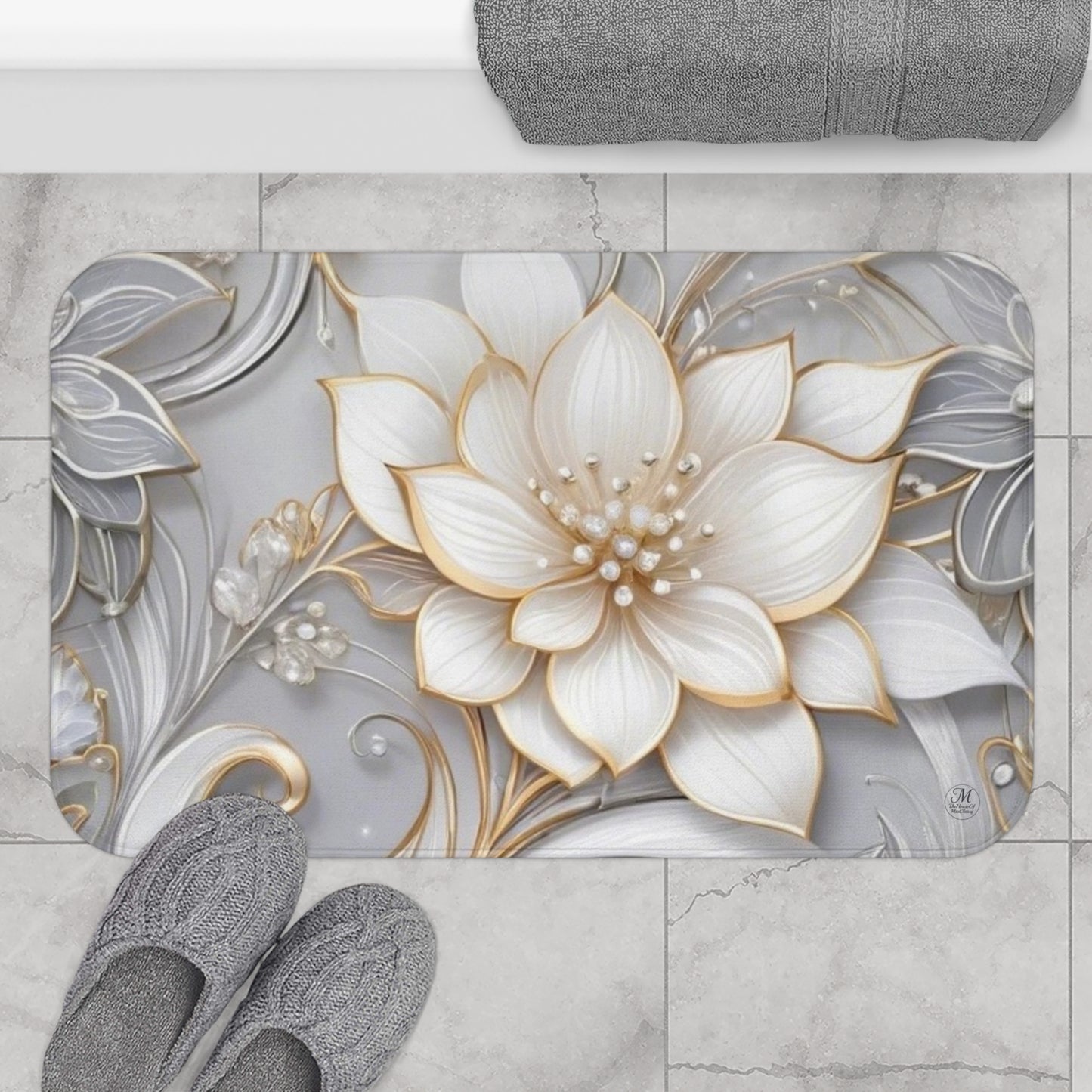 Gold & Ivory Floral Bath Mat | Elegant 3D Flower Scroll Design