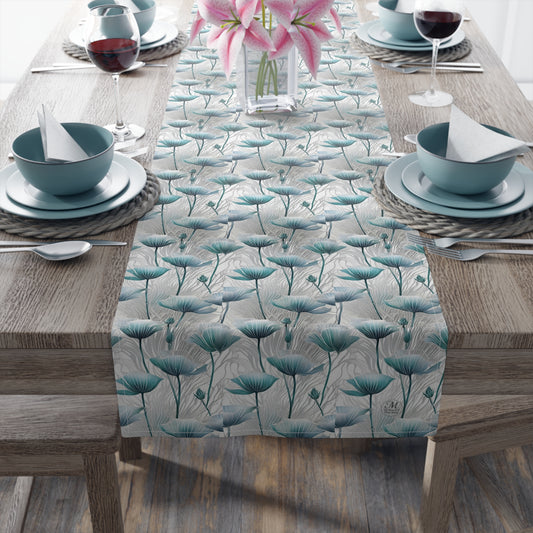 Teal Poppy Floral Table Runner | Cotton Polyester Dining Decor