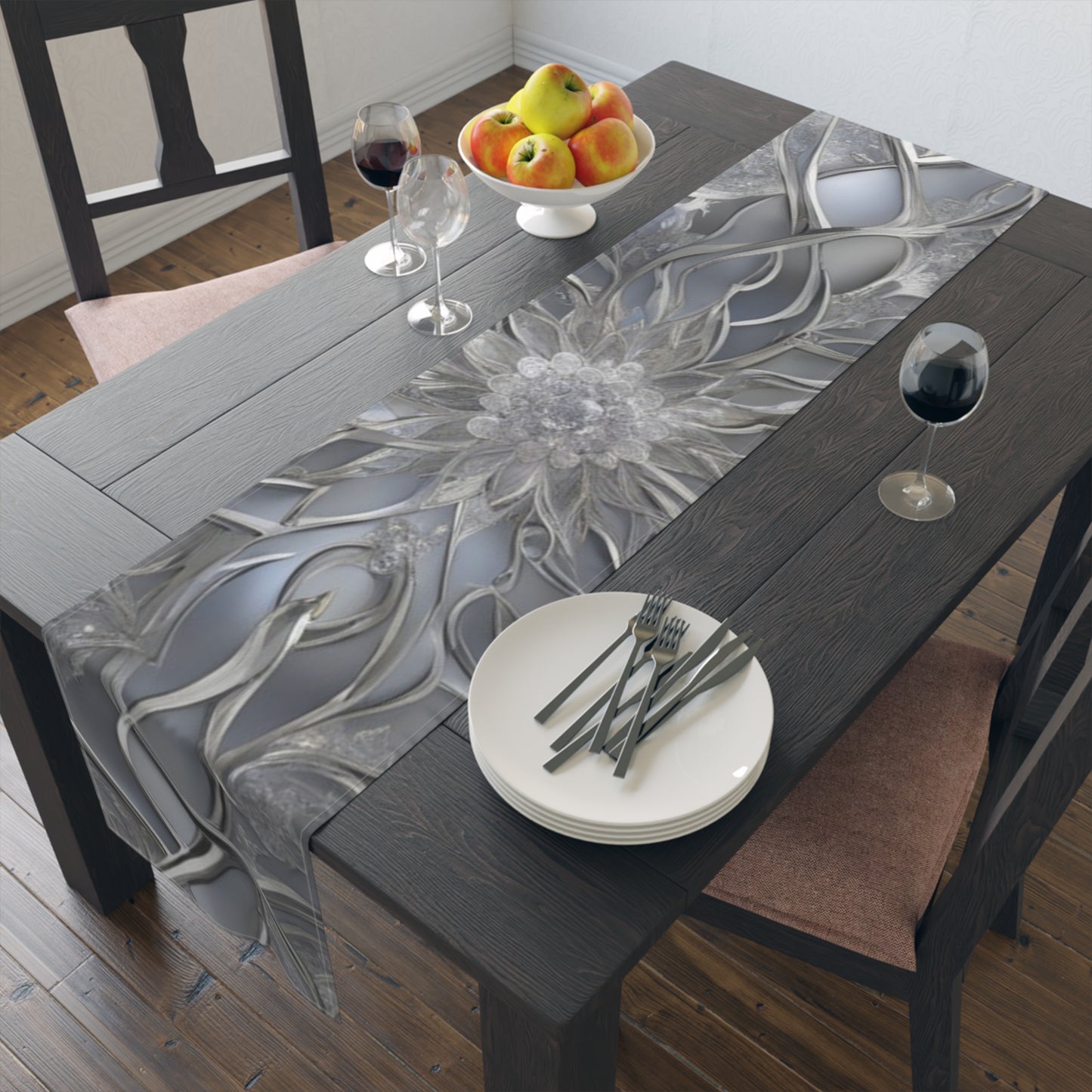 Silver Filigree Floral Table Runner | Gray Metallic Mandala Table Runner
