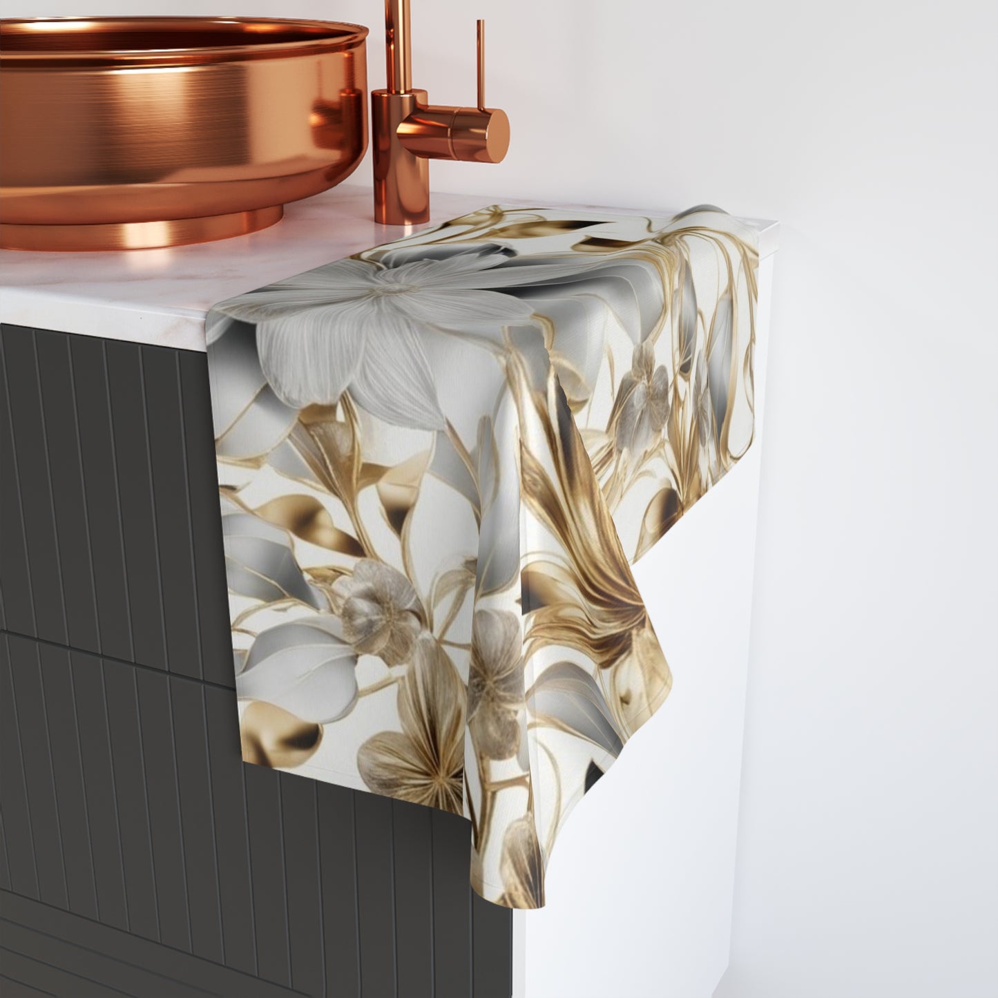 Gold and Silver Floral Hand Towel | Metallic Botanical Pattern