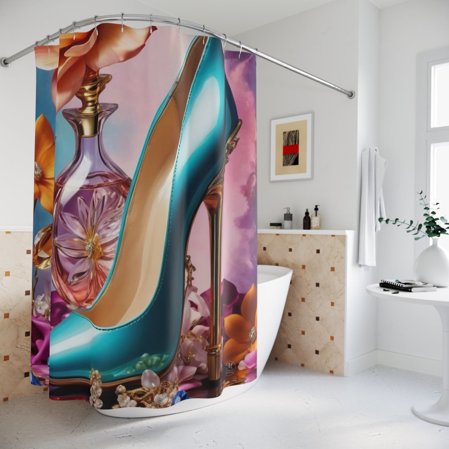 Teal Stiletto & Perfume Bottle Shower Curtain | Glam Floral Vanity