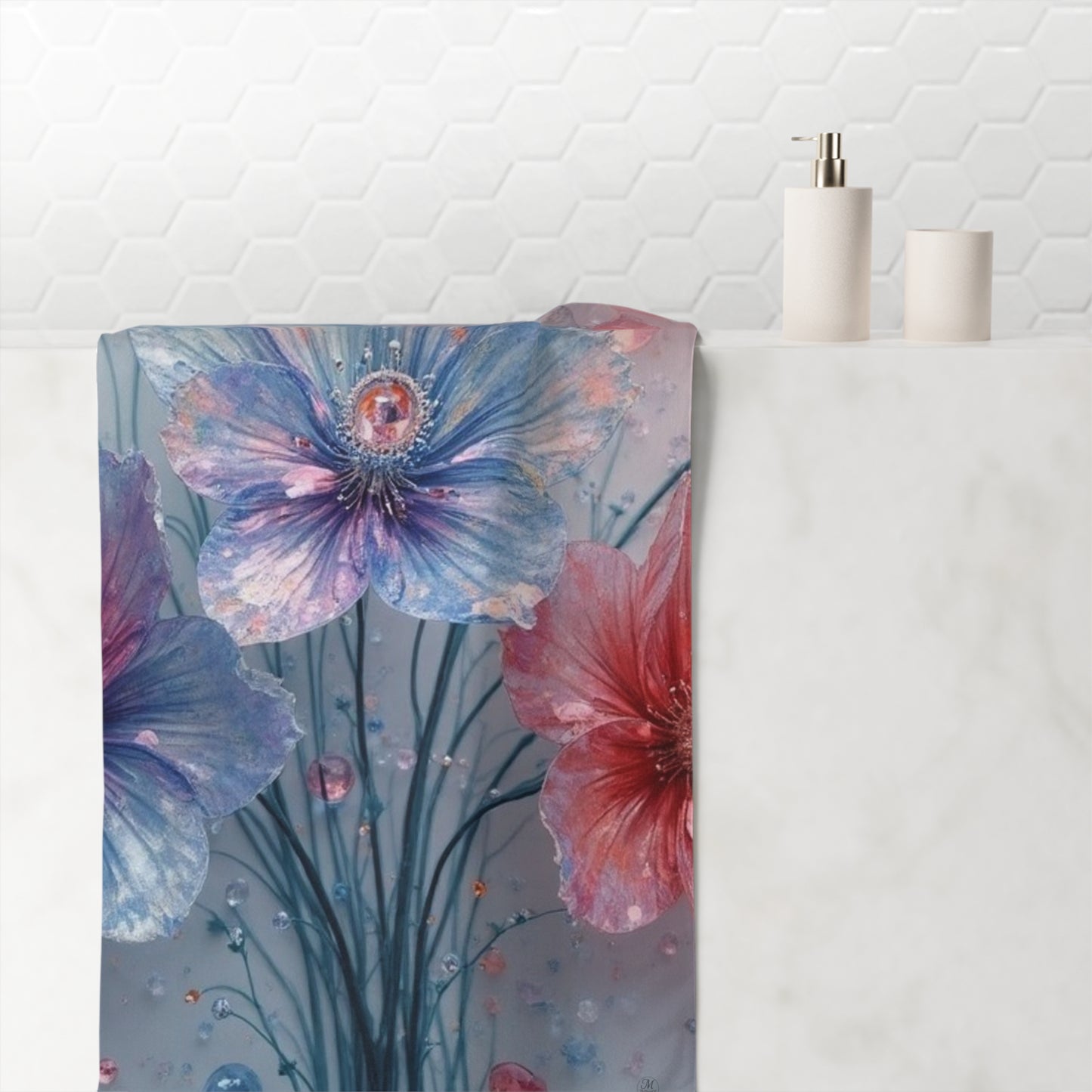 Pastel Watercolor Floral Bouquet Mink-Cotton Towel | Pink Blue Flower Print
