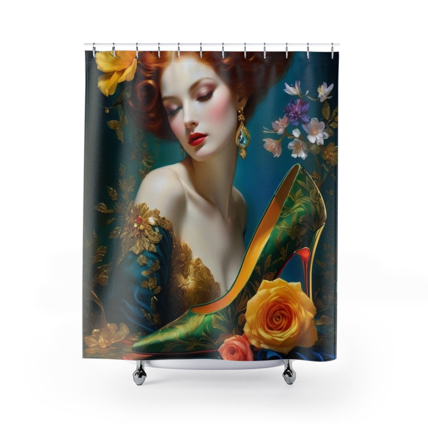 Redhead Portrait Shower Curtain | Floral Art, Green Stiletto, Romantic Bathroom