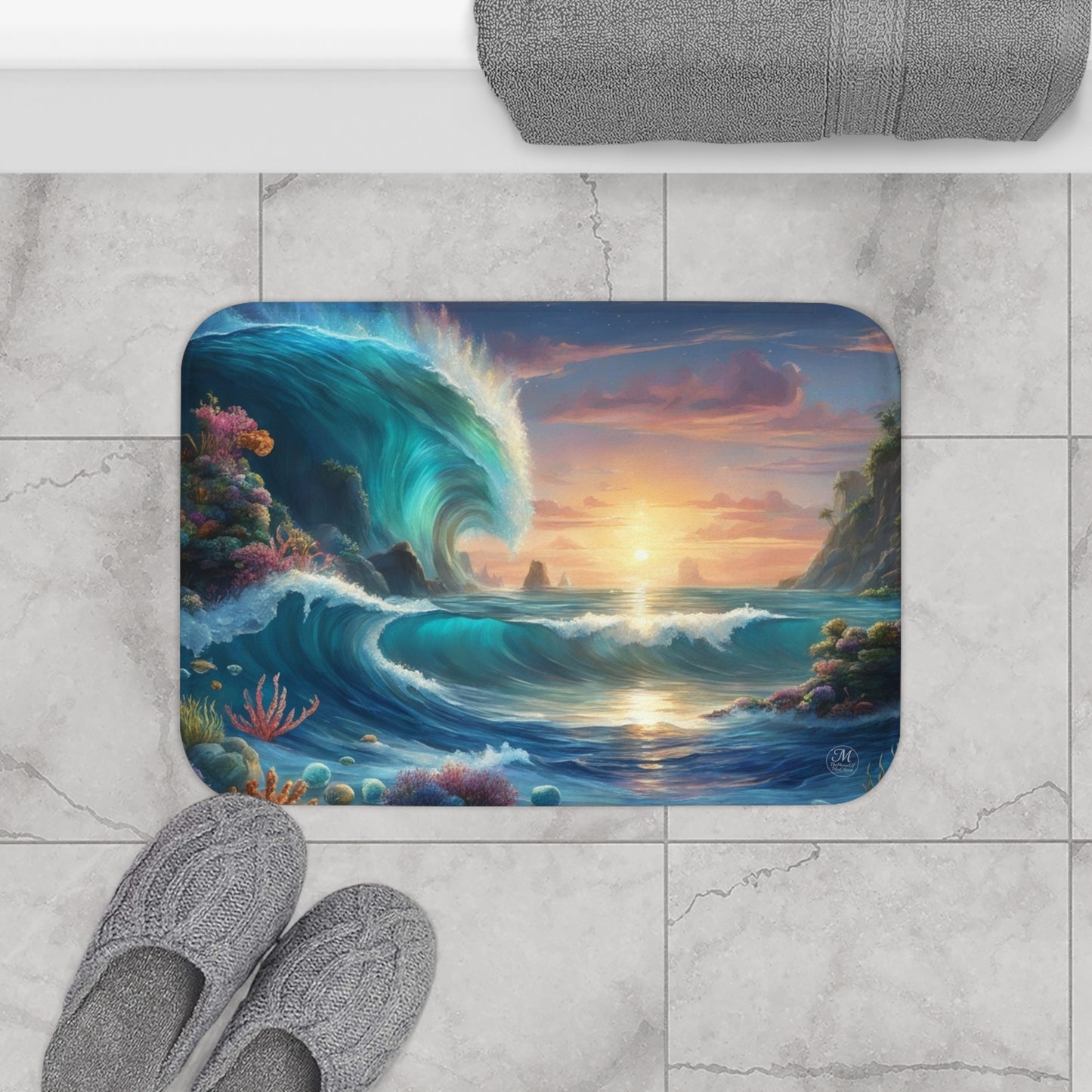 Sunset Ocean Wave Bath Mat | Tropical Seascape, Coral Reef
