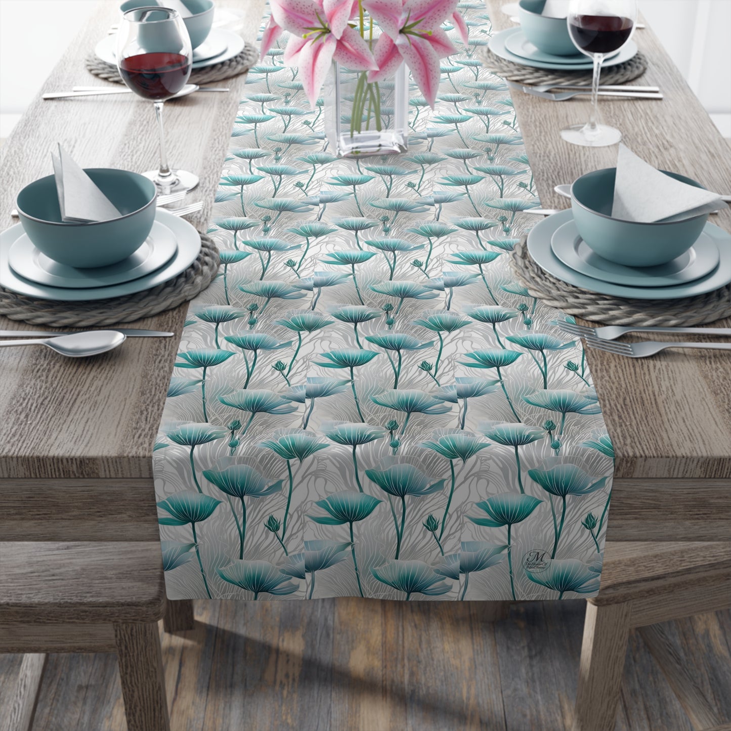 Teal Poppy Floral Table Runner | Cotton Polyester Dining Decor
