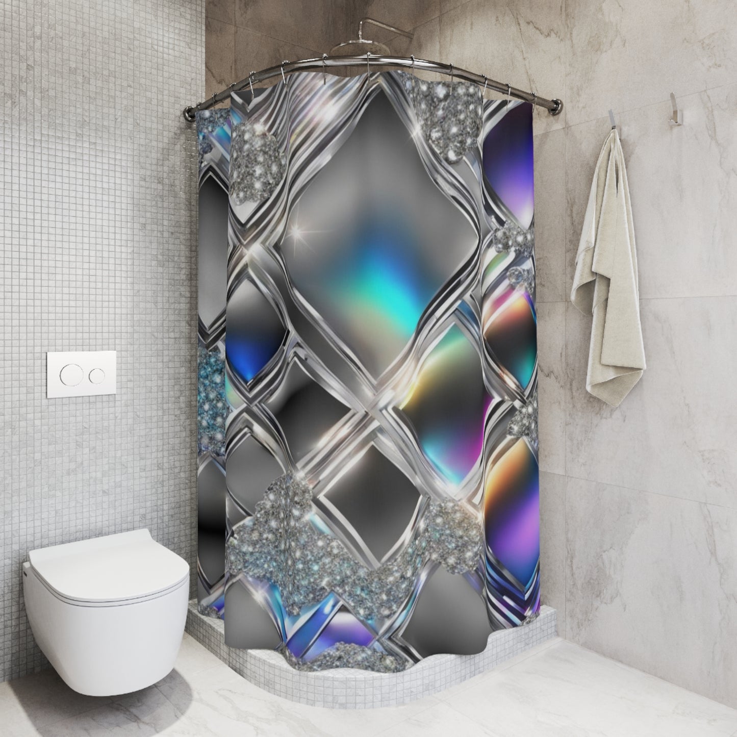Iridescent Geometric Diamond Shower Curtain | Metallic Prism Bathroom Décor