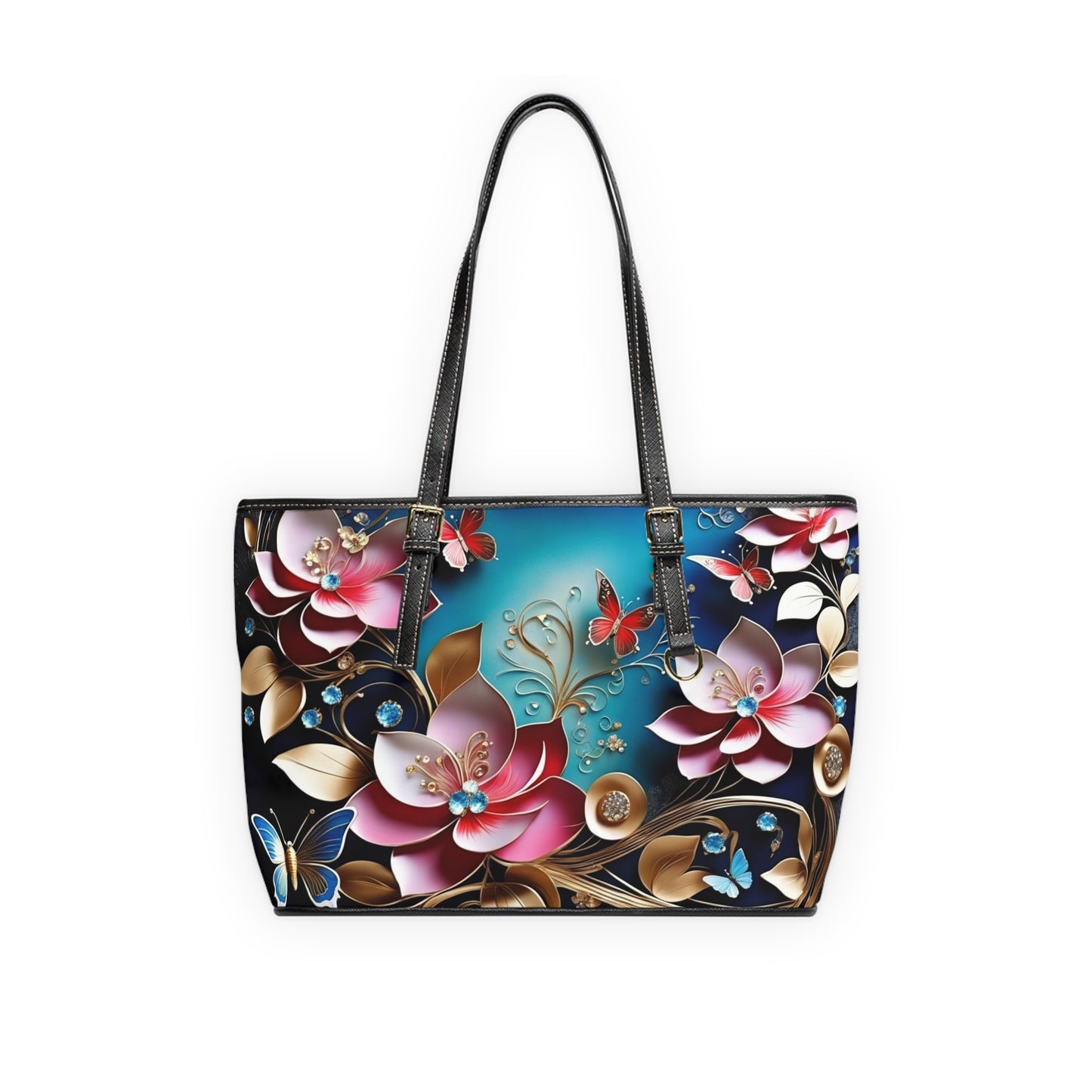 Floral Butterfly Pattern PU Leather Shoulder Bag | Pink Teal Blossoms