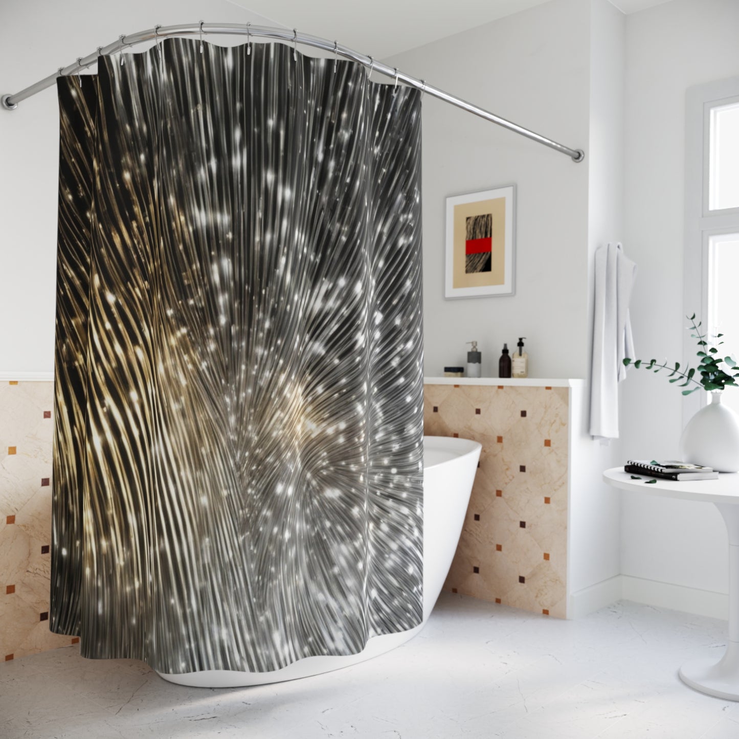 Abstract Starburst Pattern Shower Curtain | Metallic Black Gold Sparkle