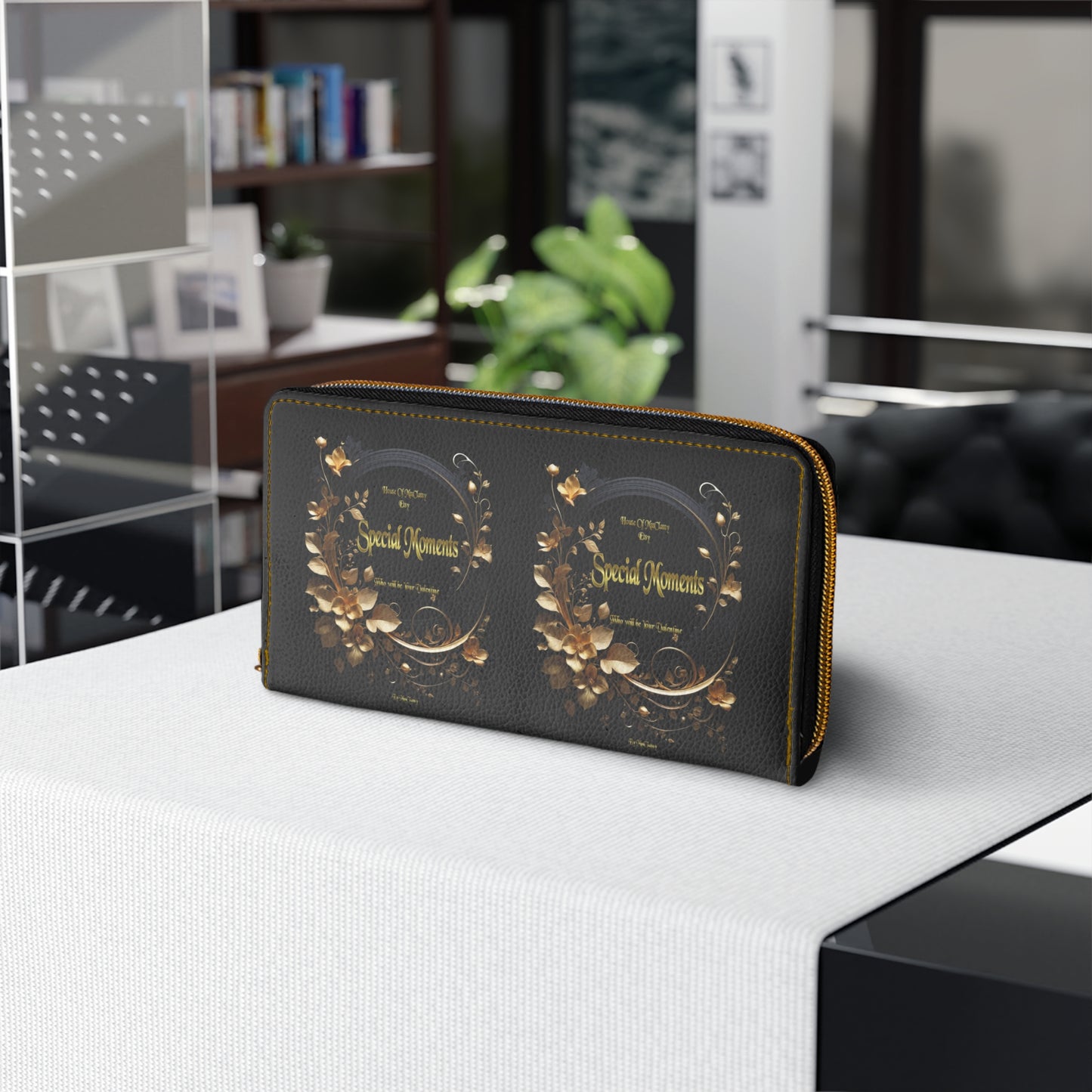 Gold Floral Special Moments Zipper Wallet | Black Leather Look, Elegant Floral Design