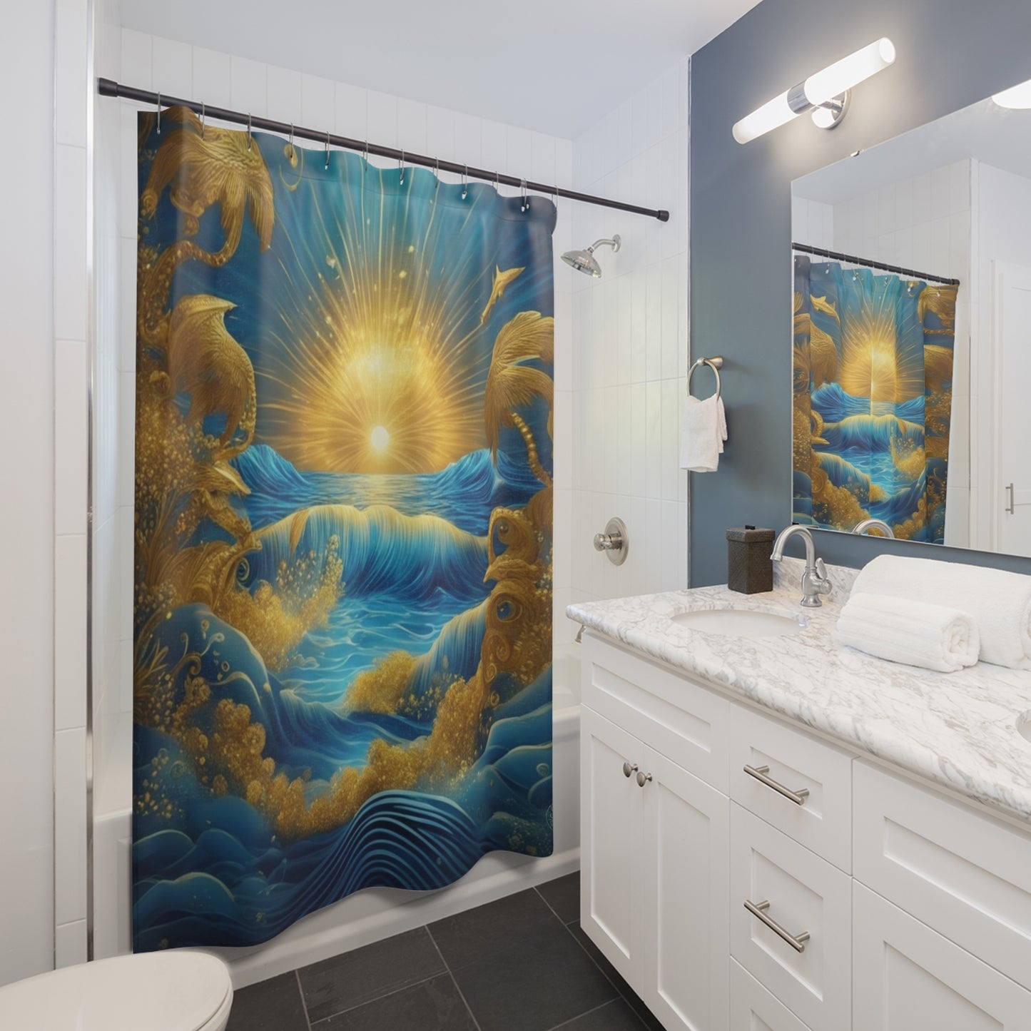 Golden Sunburst Ocean Whimsical Scene Shower Curtain | Nautical Waves, Dolphins