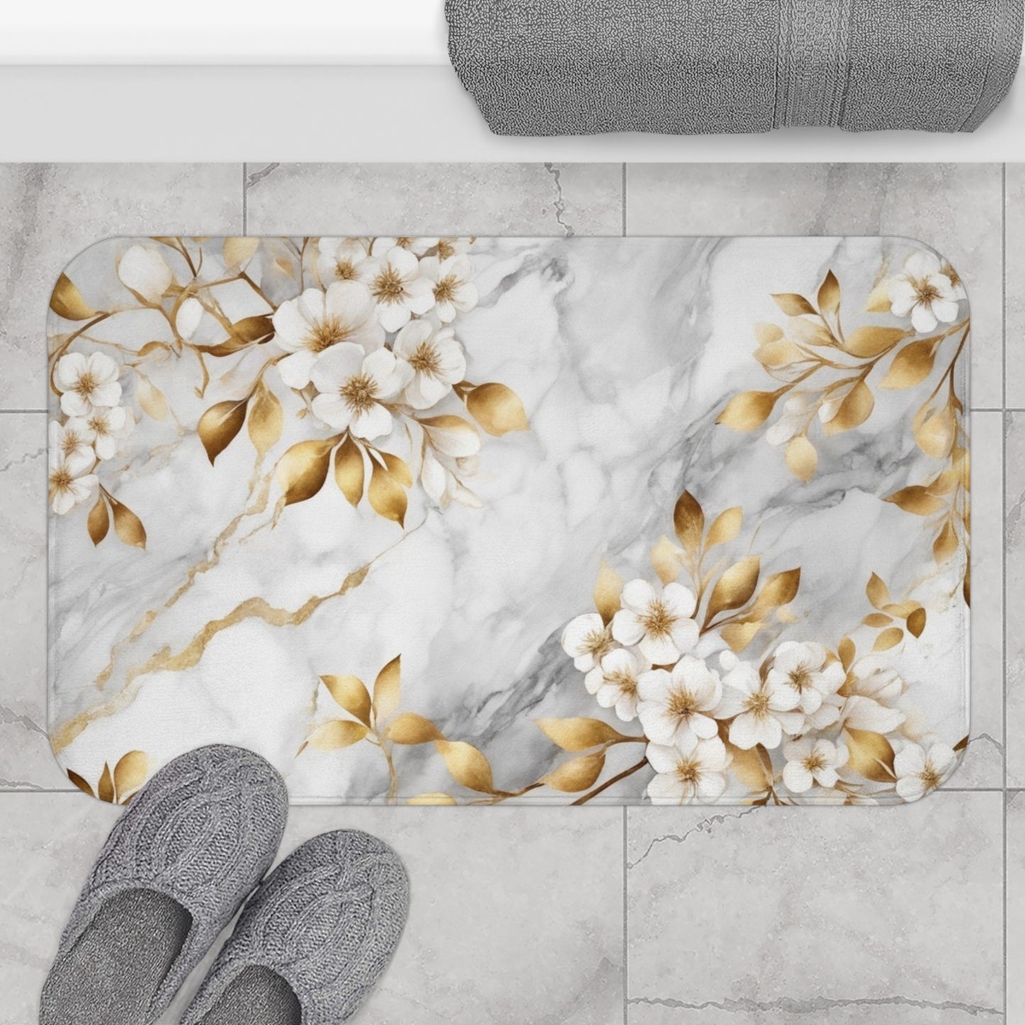 Elegant Gold Floral Marble Bath Mat