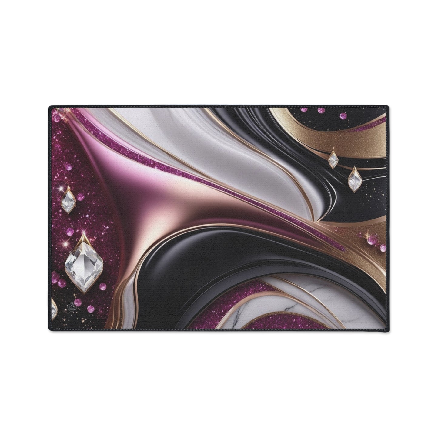 Abstract Metallic Swirl Floor Mat | Pink Gold Black Gemstone Accents
