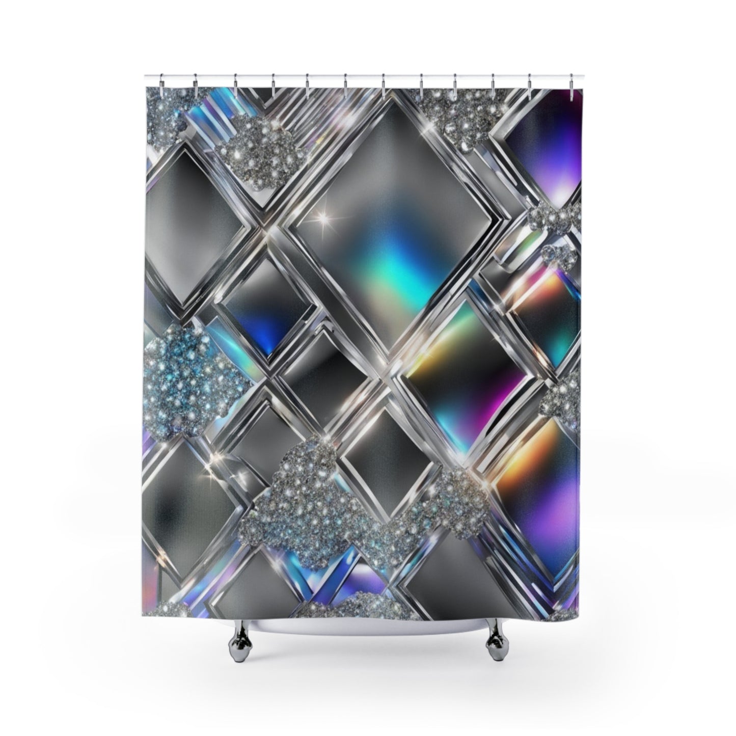 Iridescent Geometric Diamond Shower Curtain | Metallic Prism Bathroom Décor