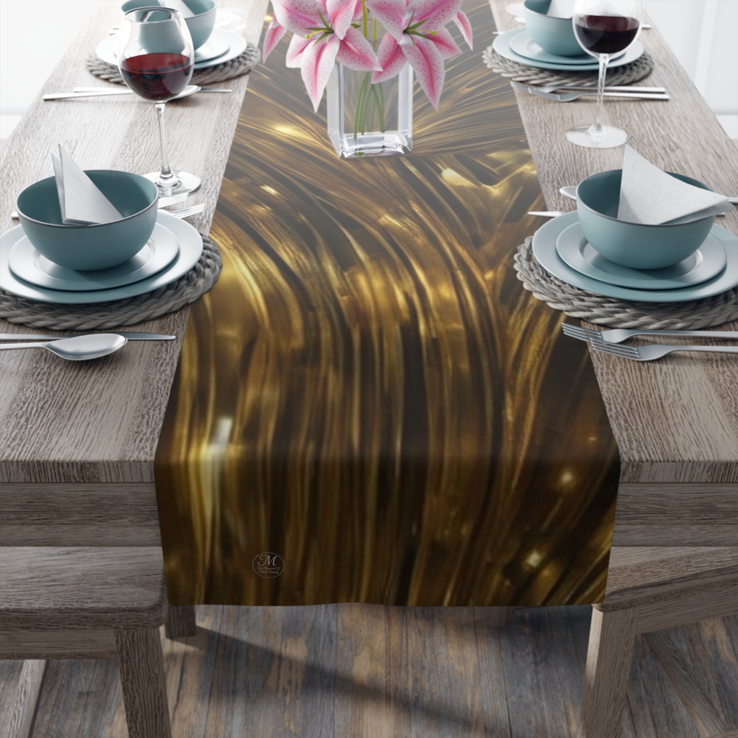 Gold Marble Swirl Table Runner | Metallic Abstract Dining Decor