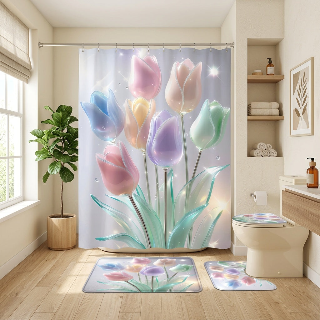 Colorful Glass Tulip Shower Curtain Set 4 Pieces