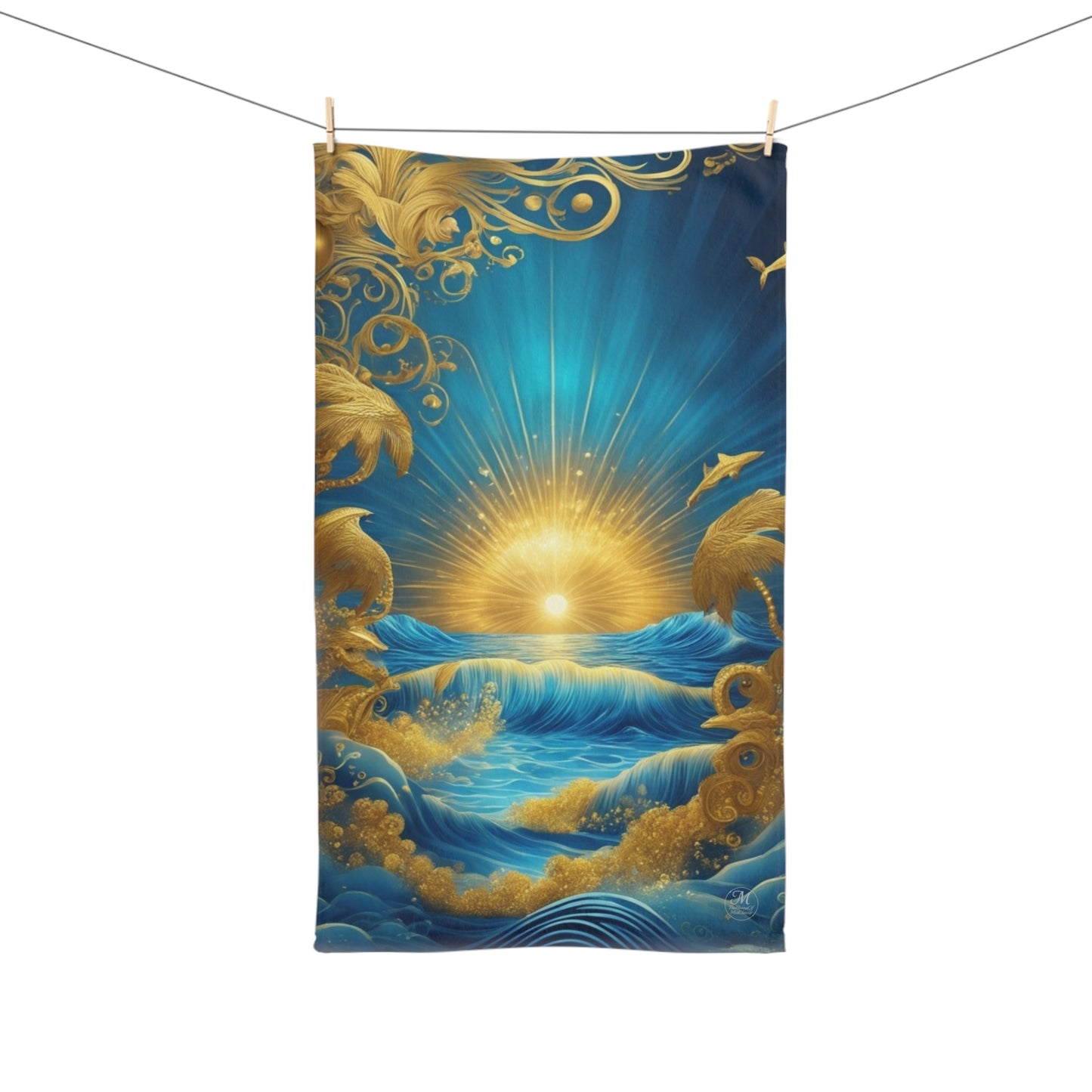 Golden Sunrise Ocean Waves Whimsical Hand Towel | Nautical Sunburst Beach Scene