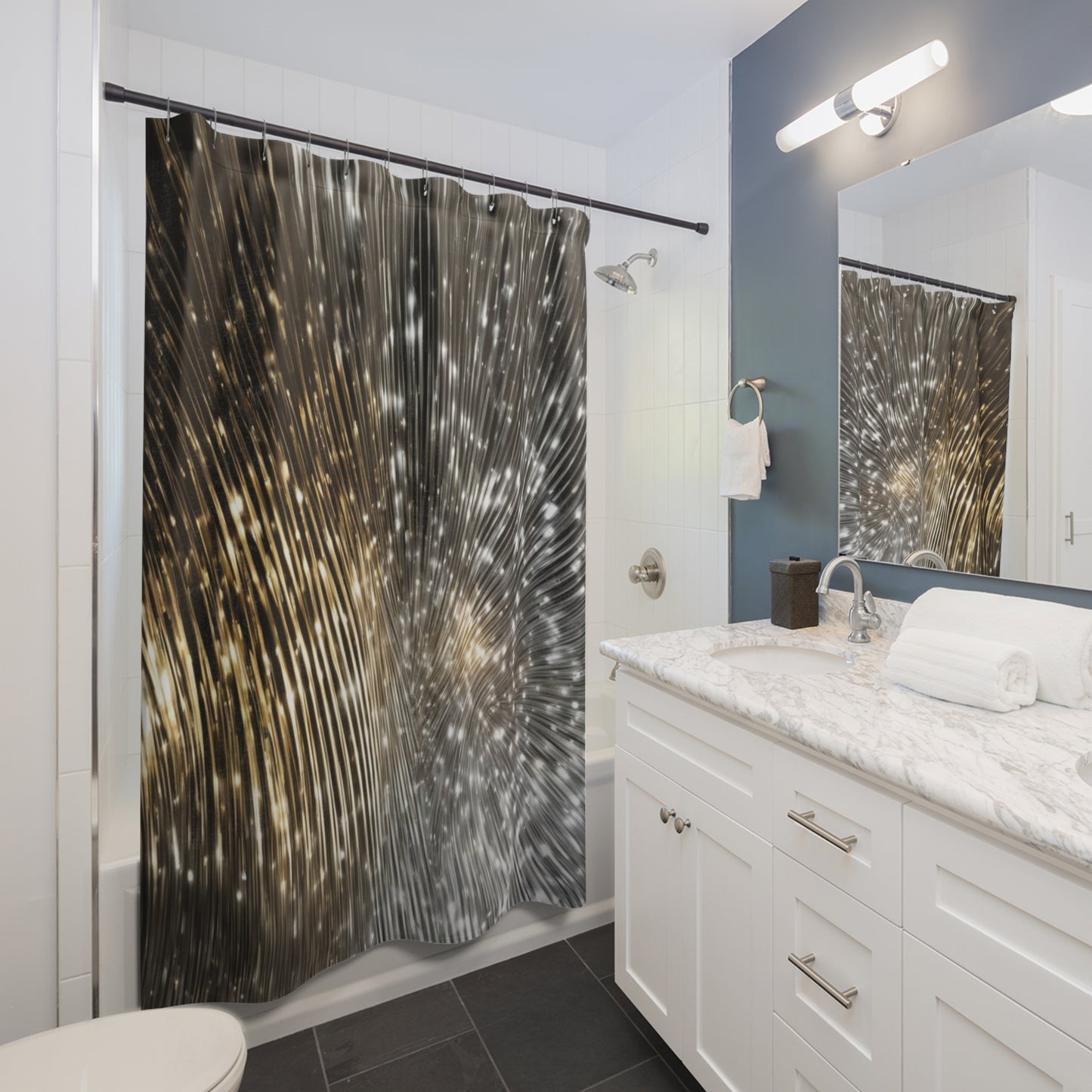 Abstract Starburst Pattern Shower Curtain | Metallic Black Gold Sparkle