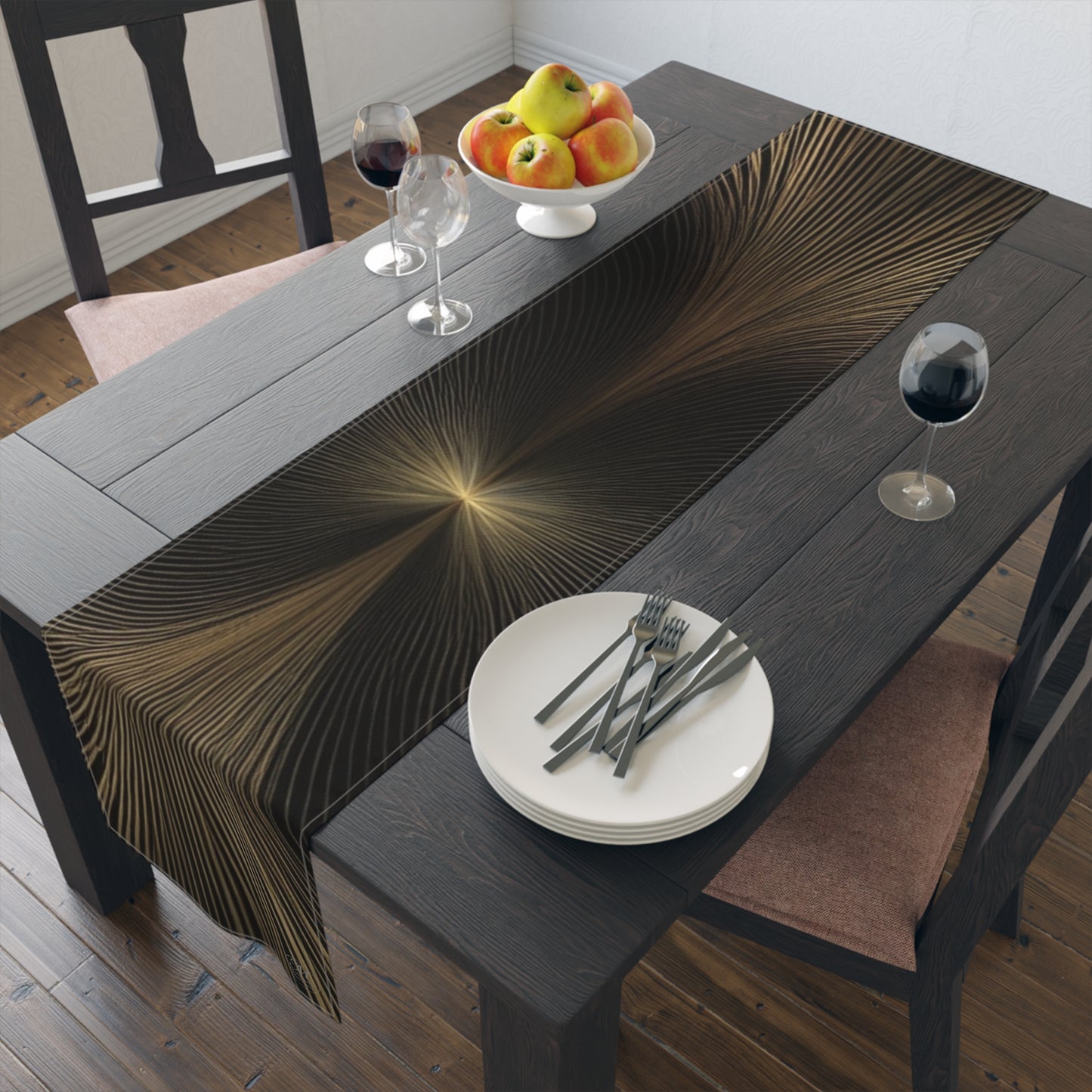 Golden Wave Lines Table Runner | Abstract Metallic Stripe Dining Decor