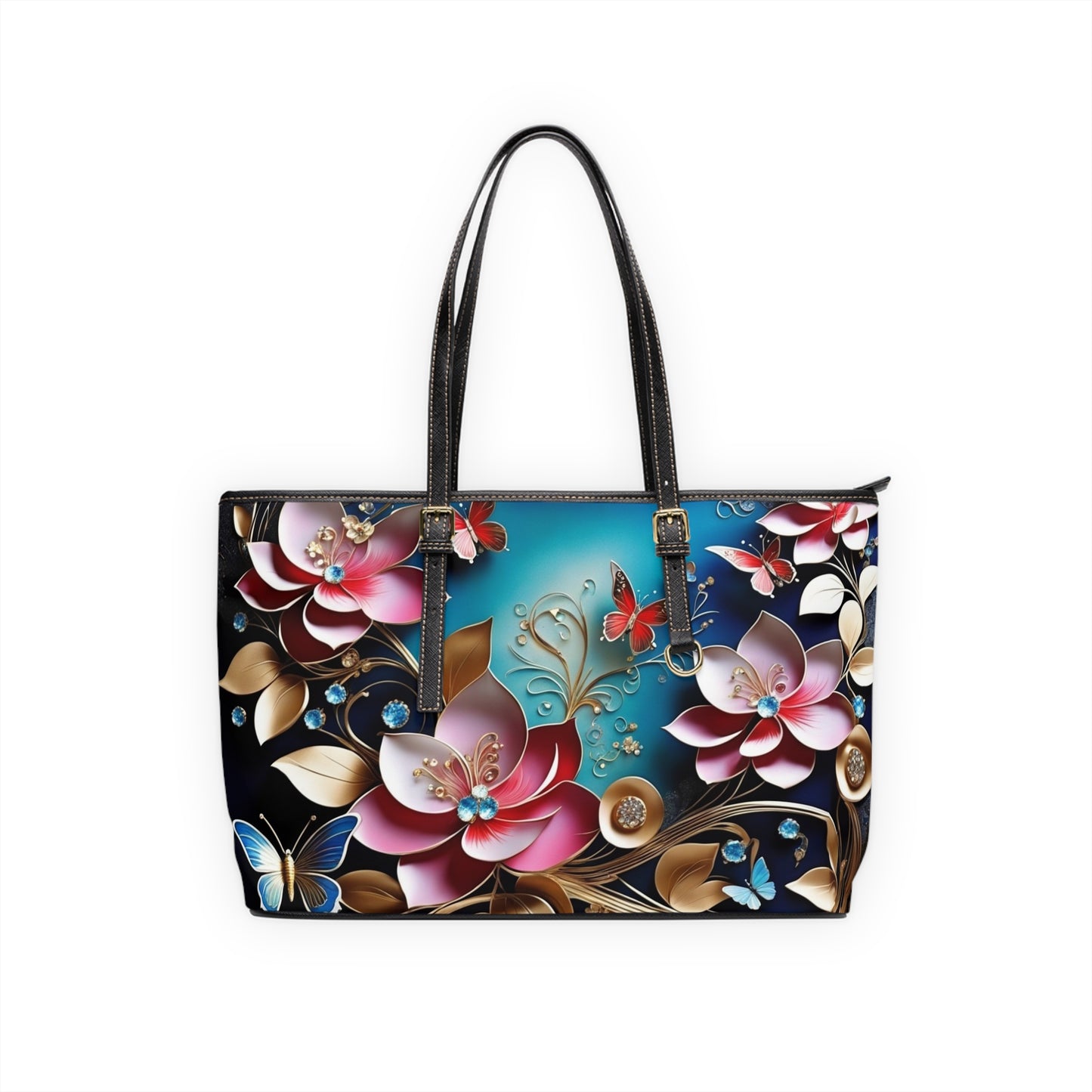 Floral Butterfly Pattern PU Leather Shoulder Bag | Pink Teal Blossoms