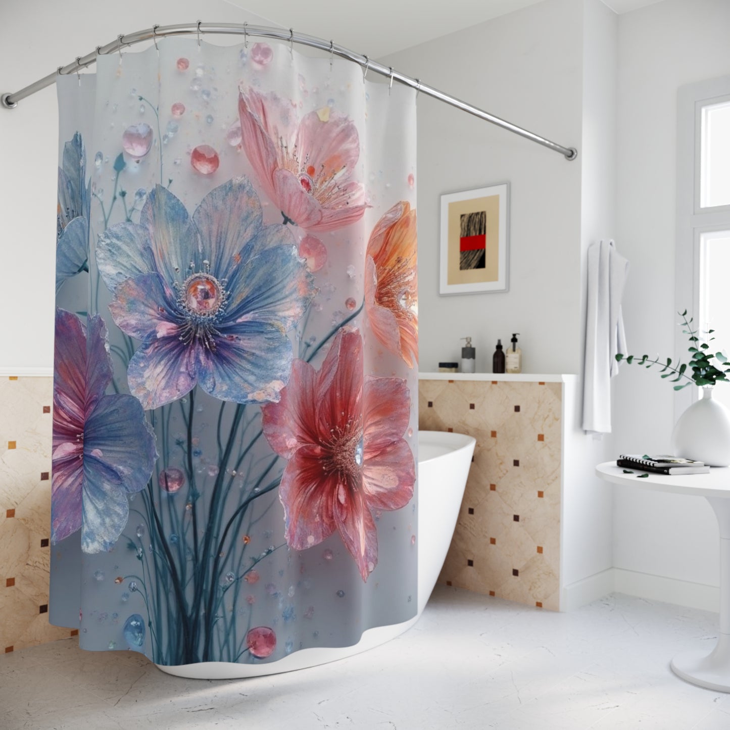 Watercolor Floral Bouquet Shower Curtain | Pastel Flowers, Raindrop Detail