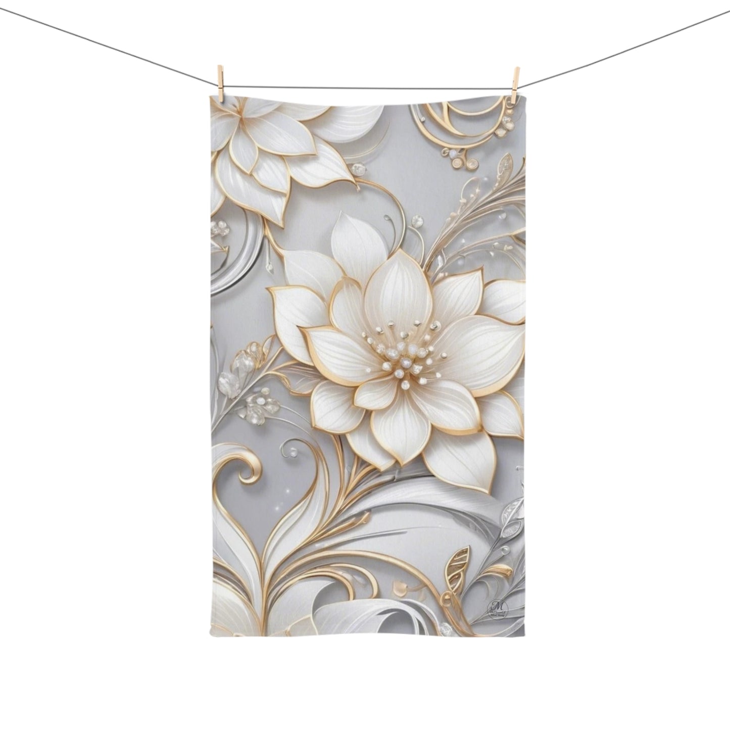 White Gold Floral Hand Towel with Silver Grey bg. | Elegant 3D Lotus Pattern