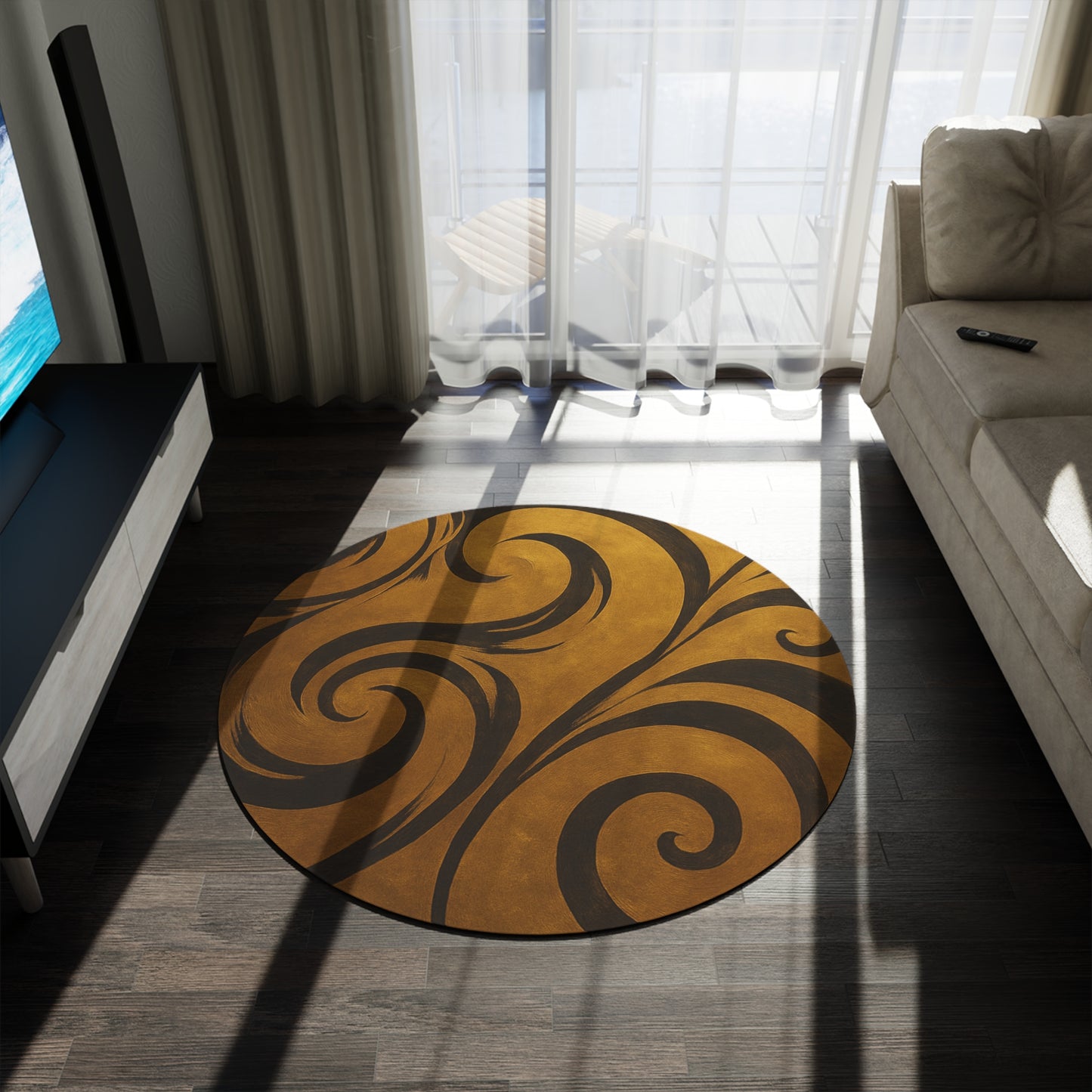 Gold Scroll Swirl Round Rug | Boho Decorative Floor Mat
