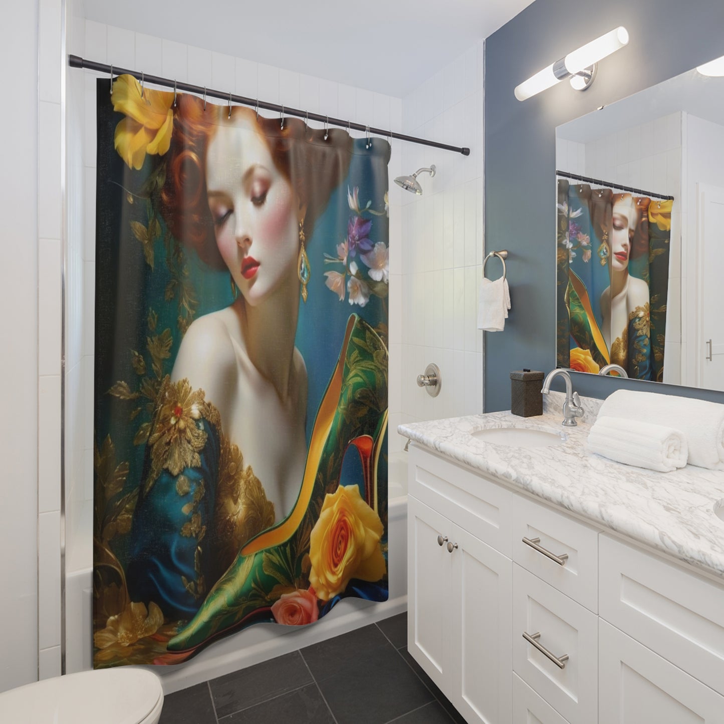 Redhead Portrait Shower Curtain | Floral Art, Green Stiletto, Romantic Bathroom