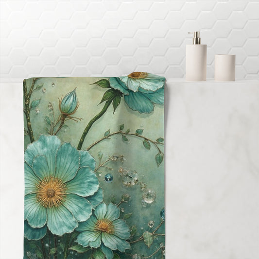 Teal Floral Watercolor Mink-Cotton Towel | Botanical Bloom Design