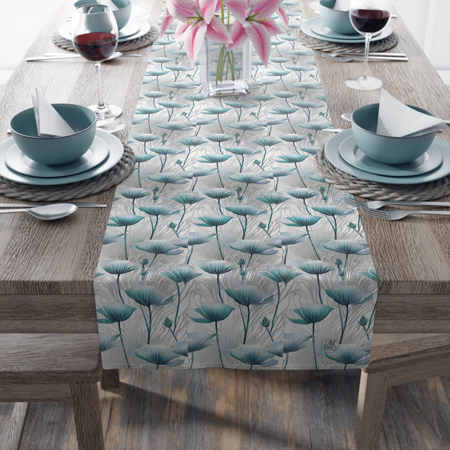 Teal Poppy Floral Table Runner | Cotton Polyester Dining Decor