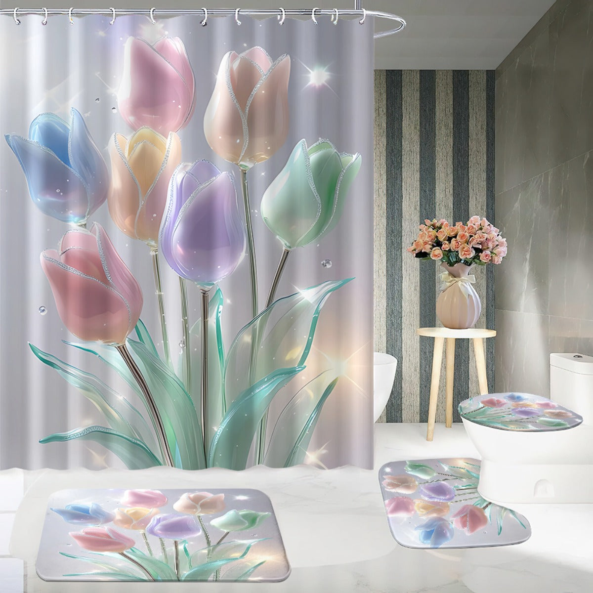 Colorful Glass Tulip Shower Curtain Set 4 Pieces