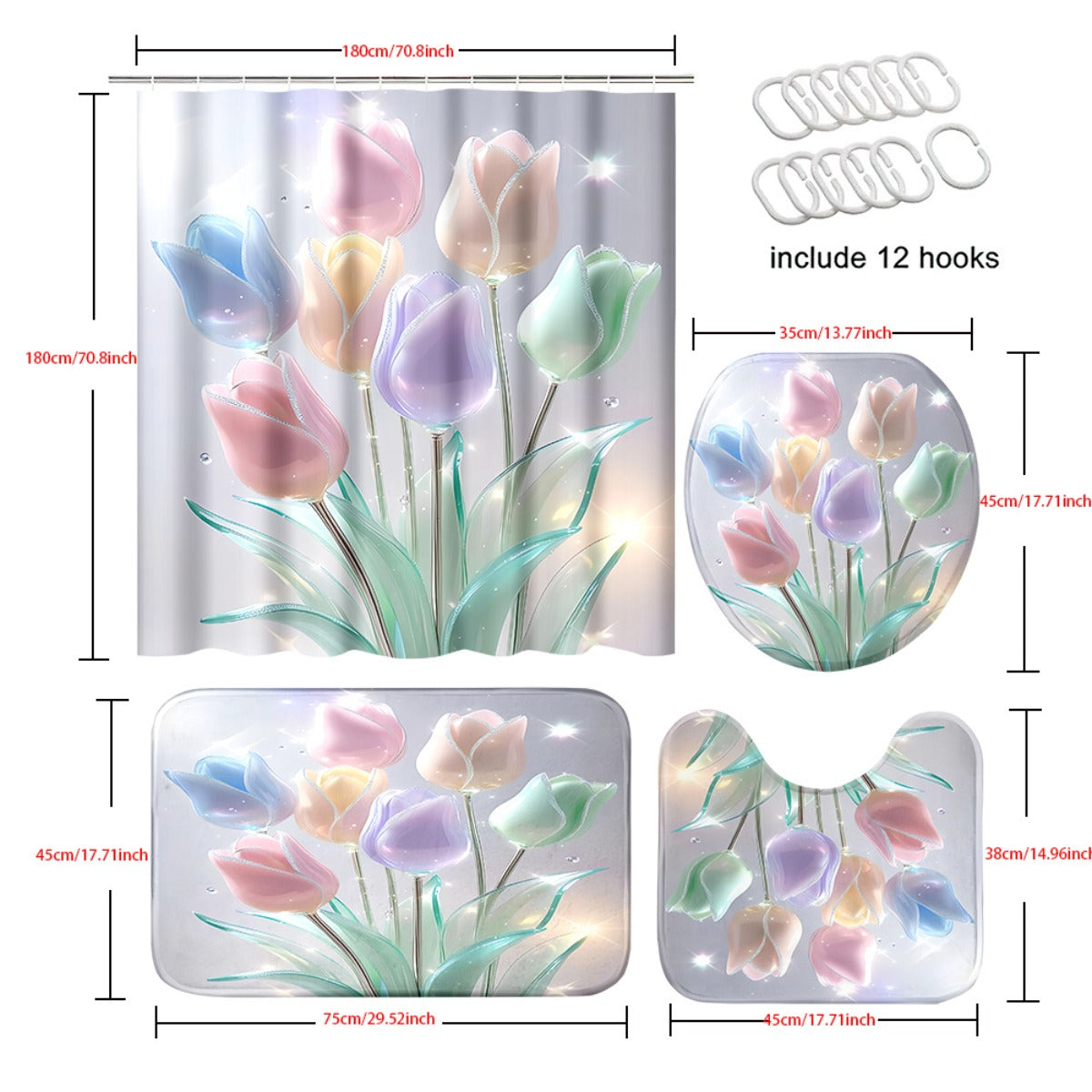 Colorful Glass Tulip Shower Curtain Set 4 Pieces
