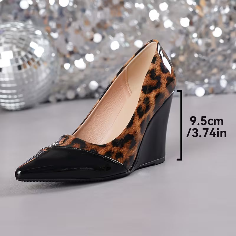 Women's Leopard Print Slanted Toe Wedge Heel Party Shoes