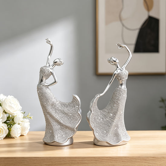 2pcs Resin Silvery Dancer Sculptures Set Graceful Dancing Lady Figurines Artistic Modern Home Decor Ornaments for Bookshelf Entryway Office Perfect Wedding Housewarming Valentines Day Birthday Gift