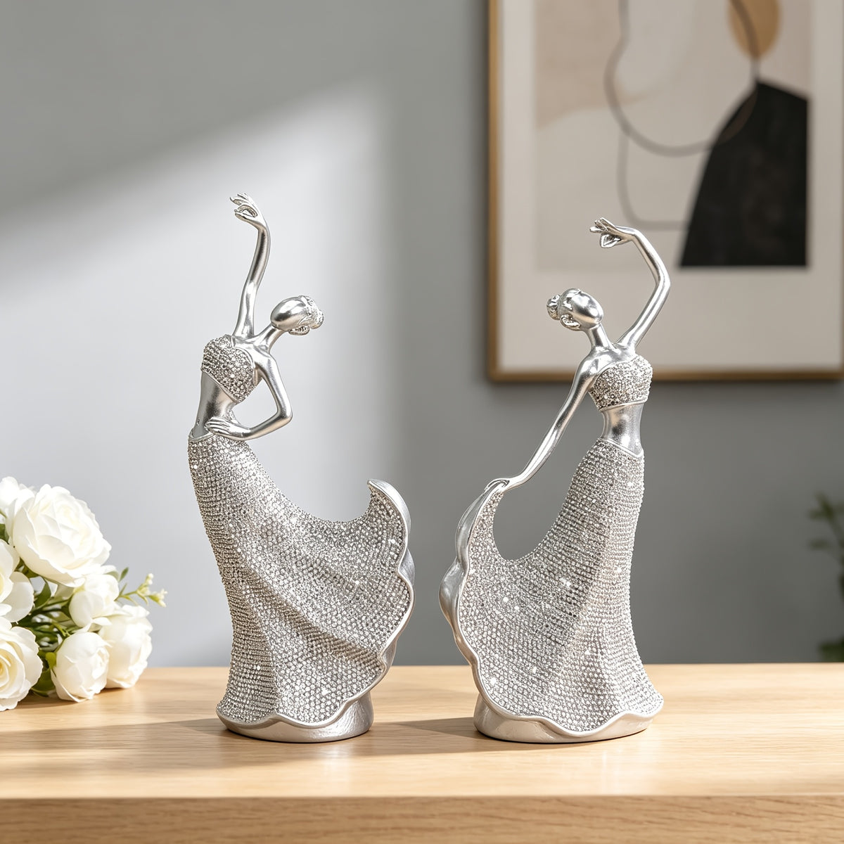 2pcs Resin Silvery Dancer Sculptures Set Graceful Dancing Lady Figurines Artistic Modern Home Decor Ornaments for Bookshelf Entryway Office Perfect Wedding Housewarming Valentines Day Birthday Gift
