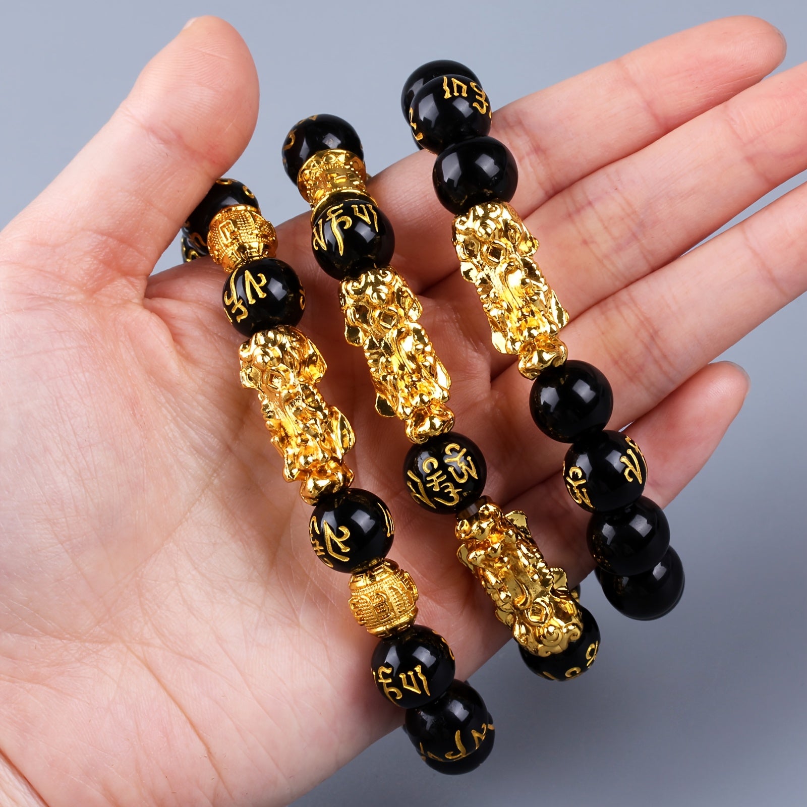 3pcs Feng Shui Lucky Wealth Attraction Bracelets  Natural Stone  Obsidian Beads with Golden Accents Double Pixiu Design  Six Character Mantra Unisex Spiritual Jewelry for Men  Women Good Luck Charm  Elegant Bracelet  Intricate Beadwork Bracelet 