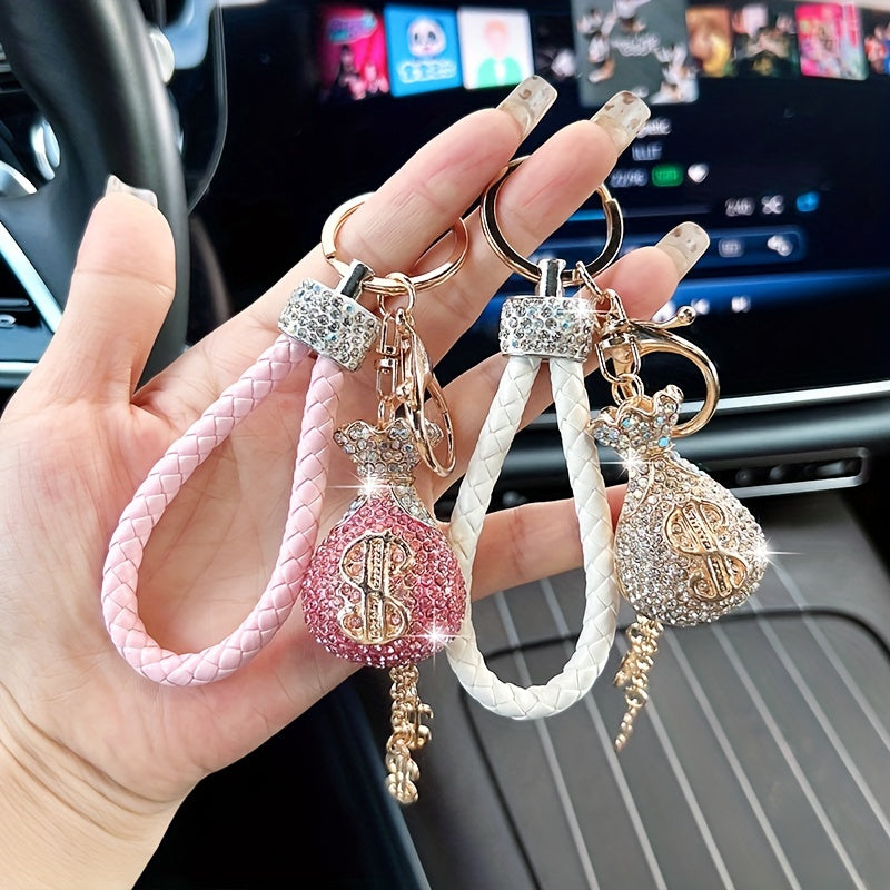 Elegant Luxury Alloy Dollar Sign Keychain Sparkling RhinestoneEncrusted Pendant with Braided Rope HighEnd Shiny Charm for Car Keys Bags  Wallets Perfect Gift for Valentines Day Perfect Halloween Christmas New Year Gift
